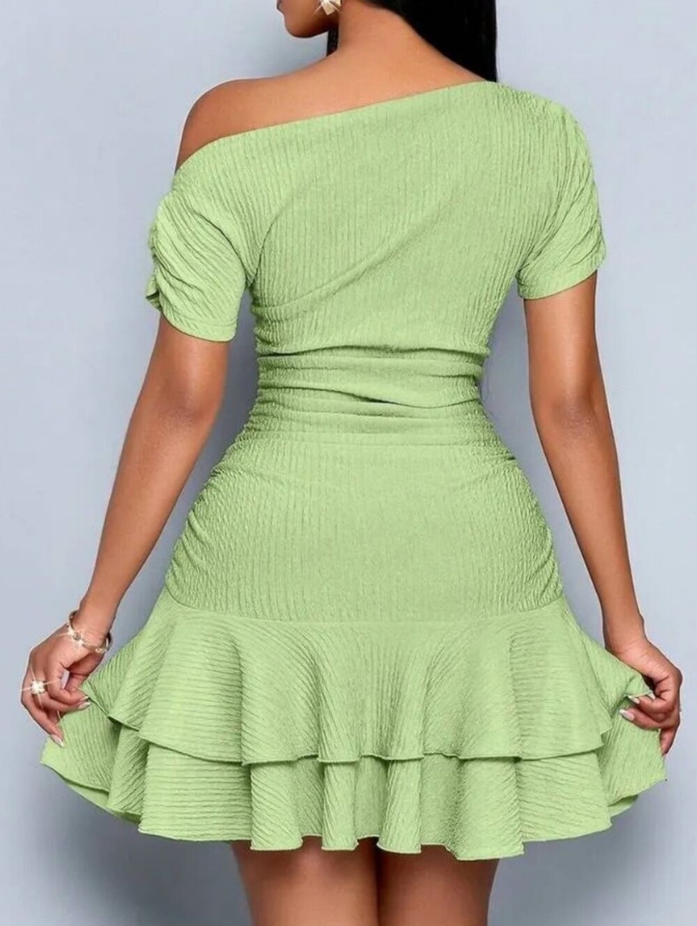 Off-Shoulder Textured Bodycon Ruched Ruffle Hem Dress in Lime - Picture 3 of 5